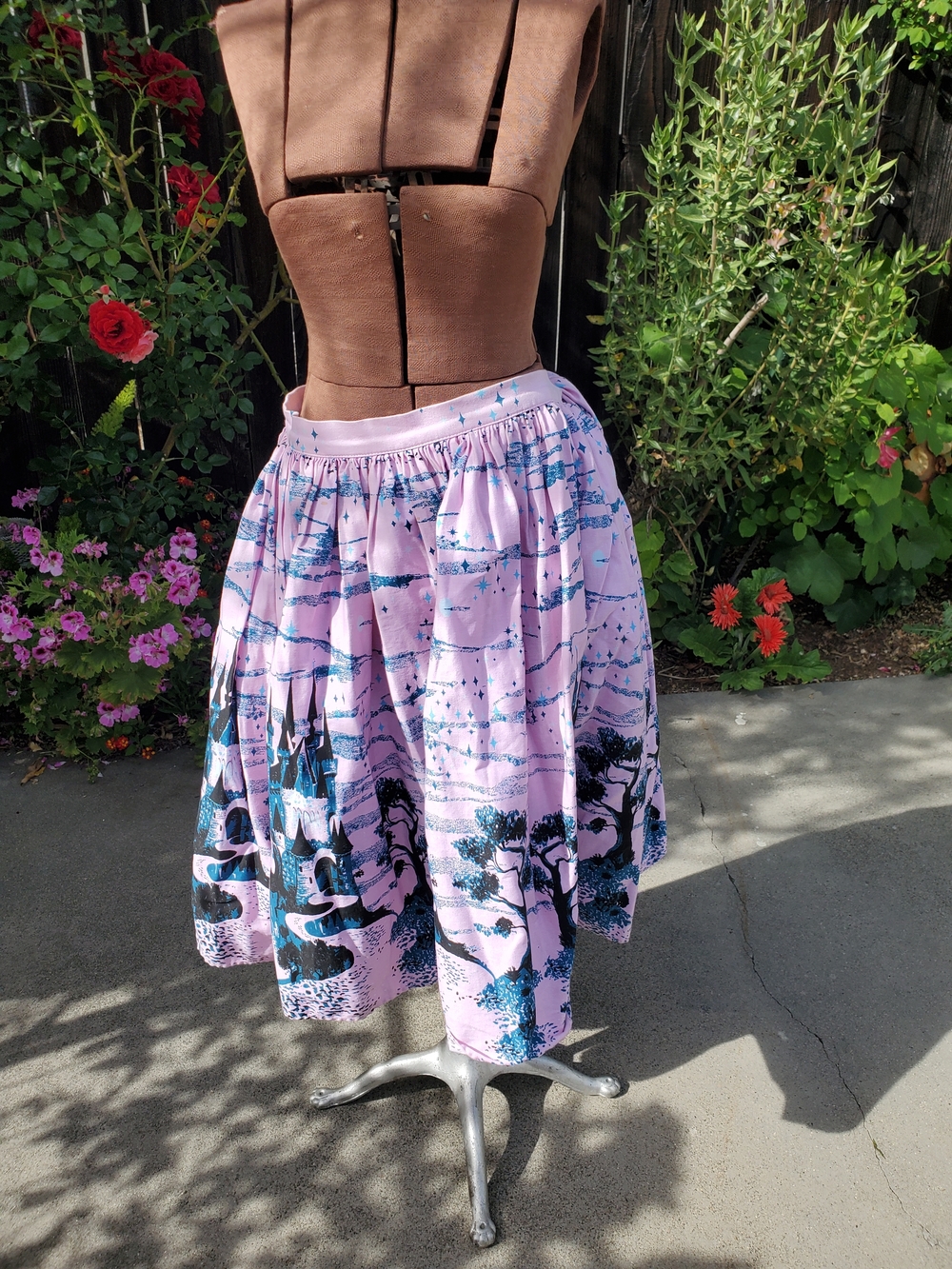 Pinup Couture Lavender Circle Skirt with Castle Blue Scenic Print